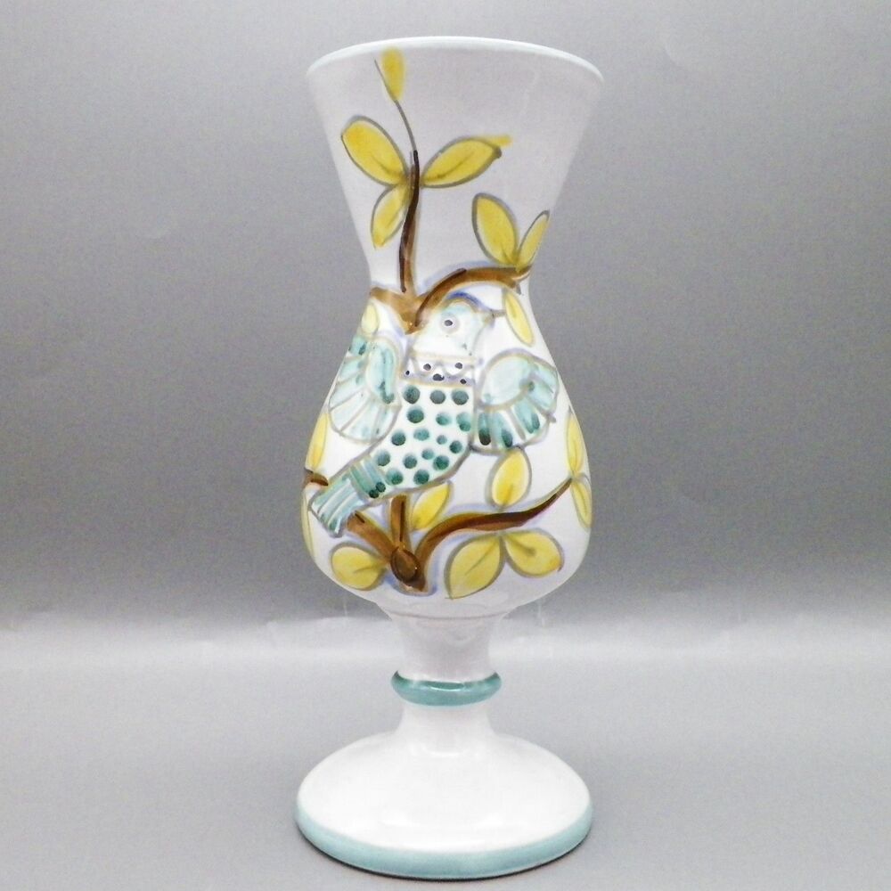 Vintage Italian Majolica Pottery Hand-Painted Bird Ceramic Footed Goblet Vase